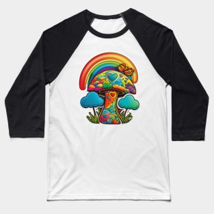 Groovy Psychedelic Mushrooms in Black Baseball T-Shirt